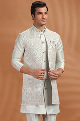 Light Pista Green Silk Embroidered Jacket Kurta Set